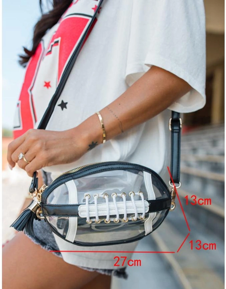 Black Rugby Football Contrast Trim Fringe PVC Clear Shoulder Bag