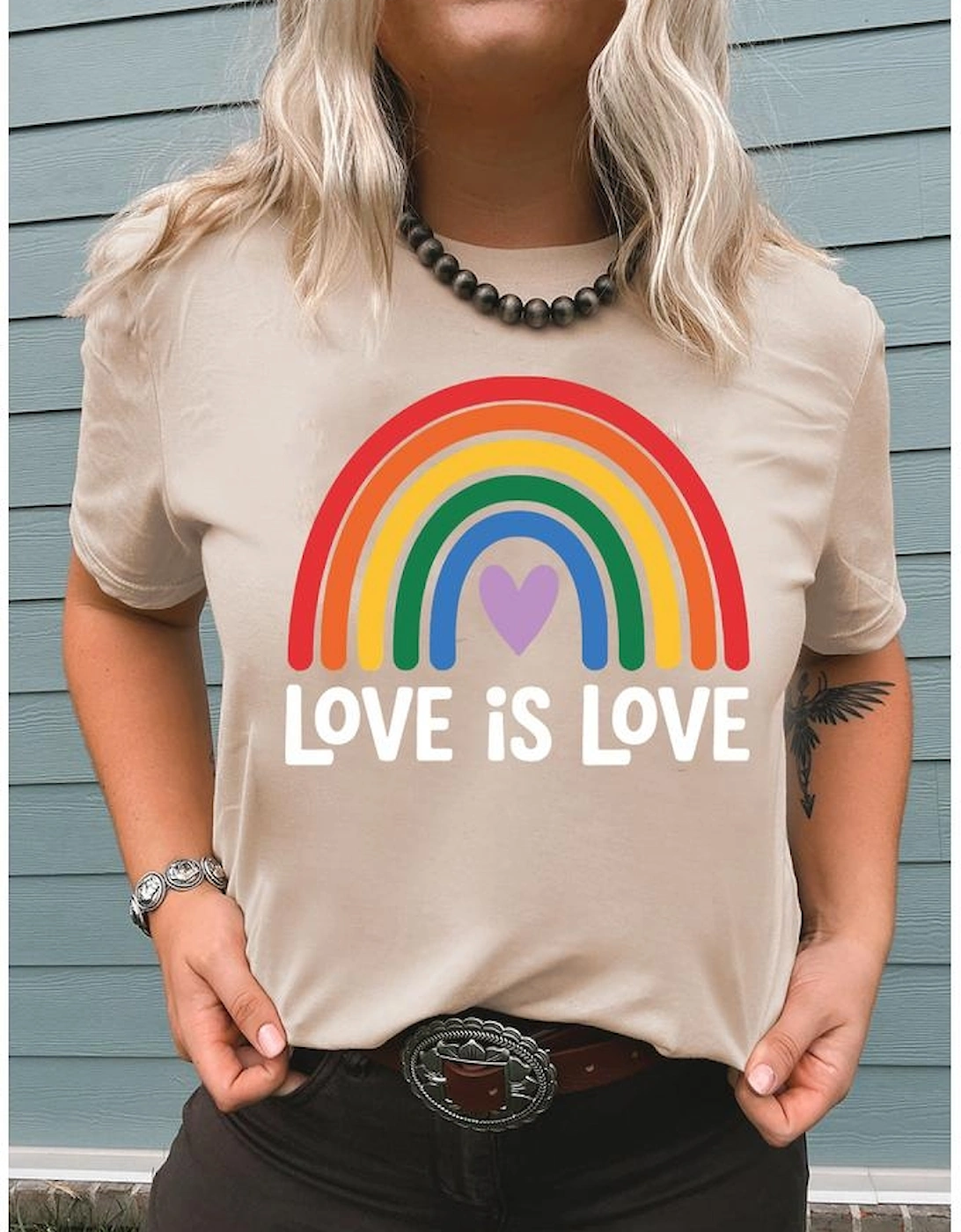 Khaki Love is Love Rainbow Heart Printed Cotton Blend T Shirt, 8 of 7