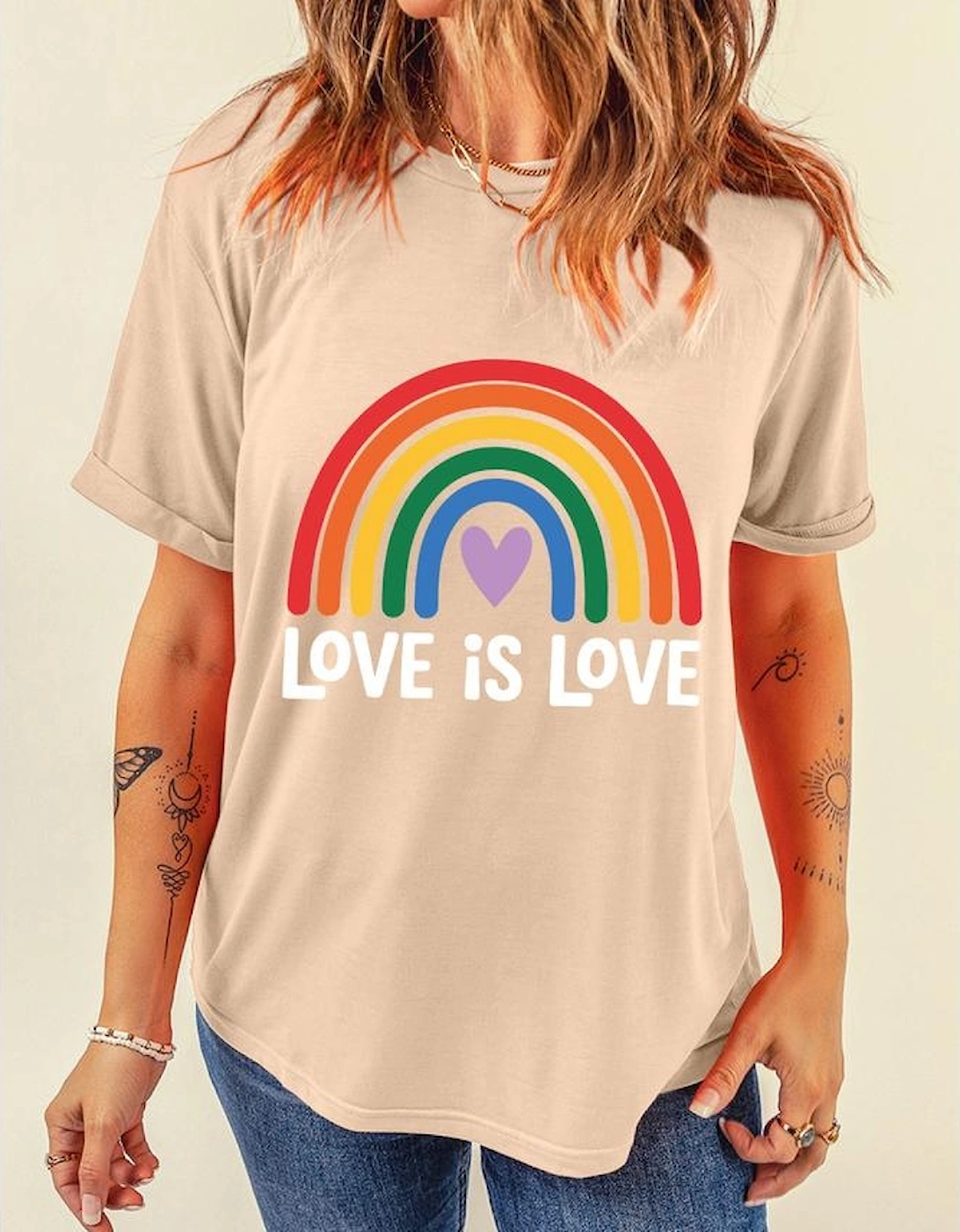 Khaki Love is Love Rainbow Heart Printed Cotton Blend T Shirt
