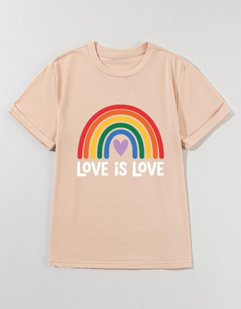 Khaki Love is Love Rainbow Heart Printed Cotton Blend T Shirt