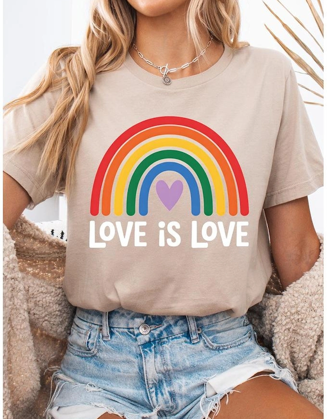 Khaki Love is Love Rainbow Heart Printed Cotton Blend T Shirt
