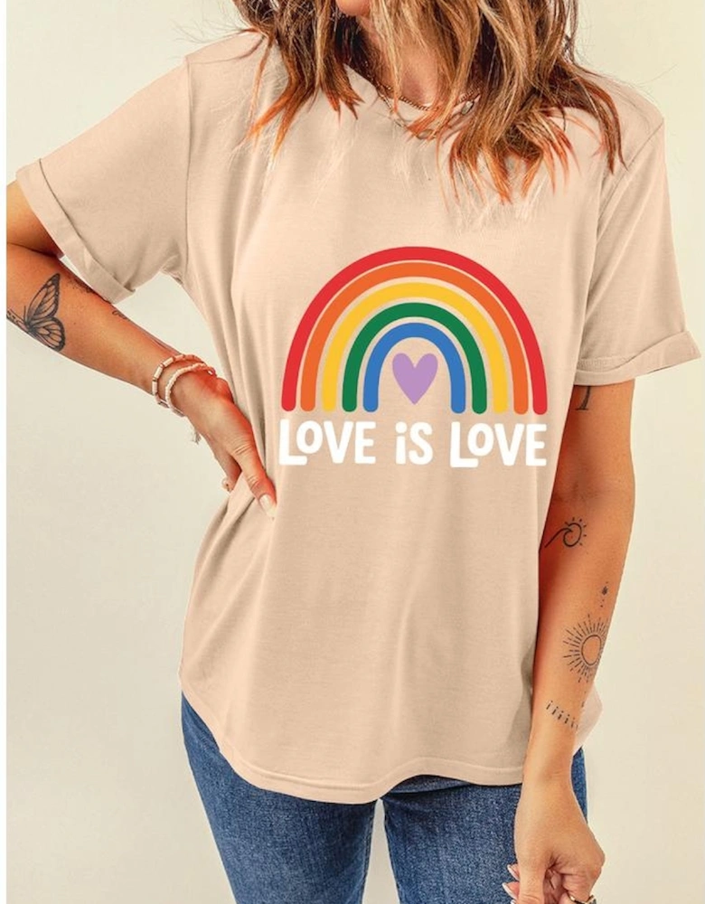 Khaki Love is Love Rainbow Heart Printed Cotton Blend T Shirt