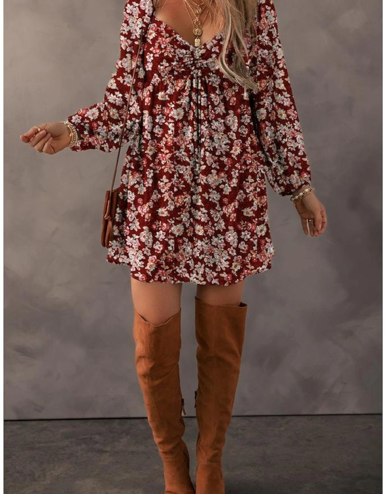 Red Floral Print Sweetheart Neck Shirred Back Mini Dress