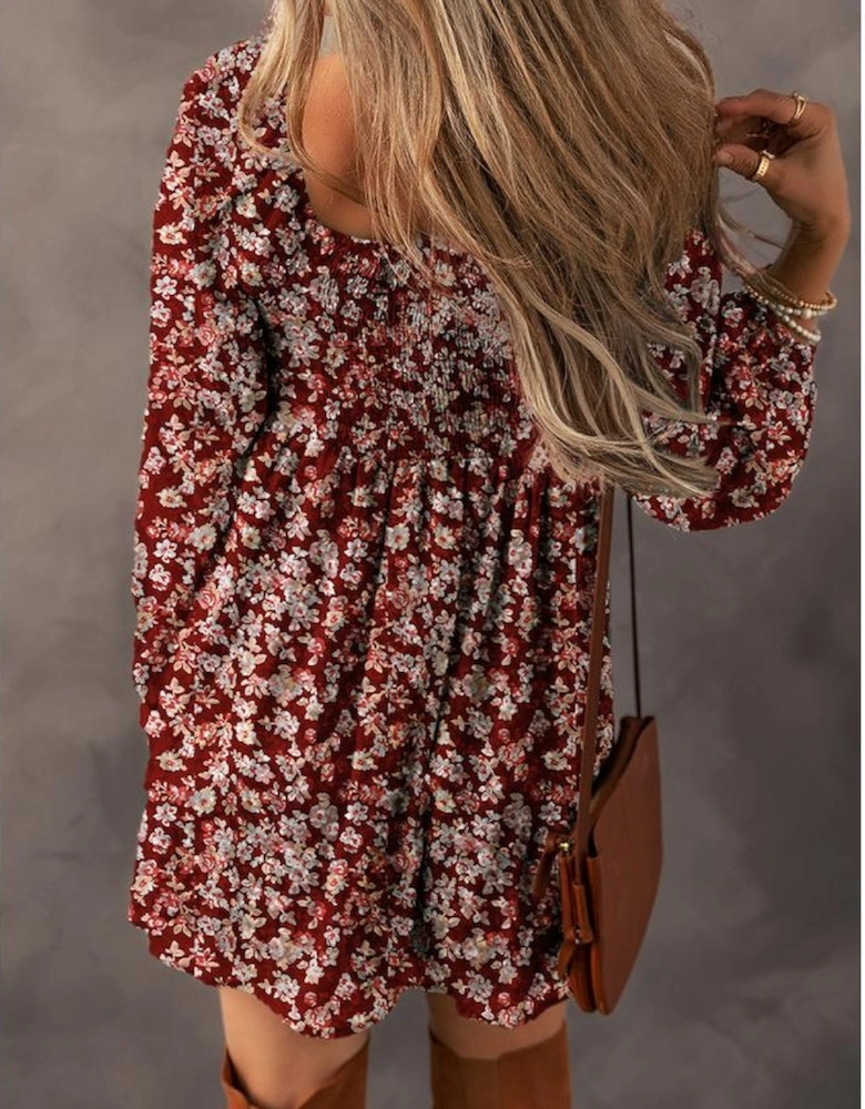 Red Floral Print Sweetheart Neck Shirred Back Mini Dress