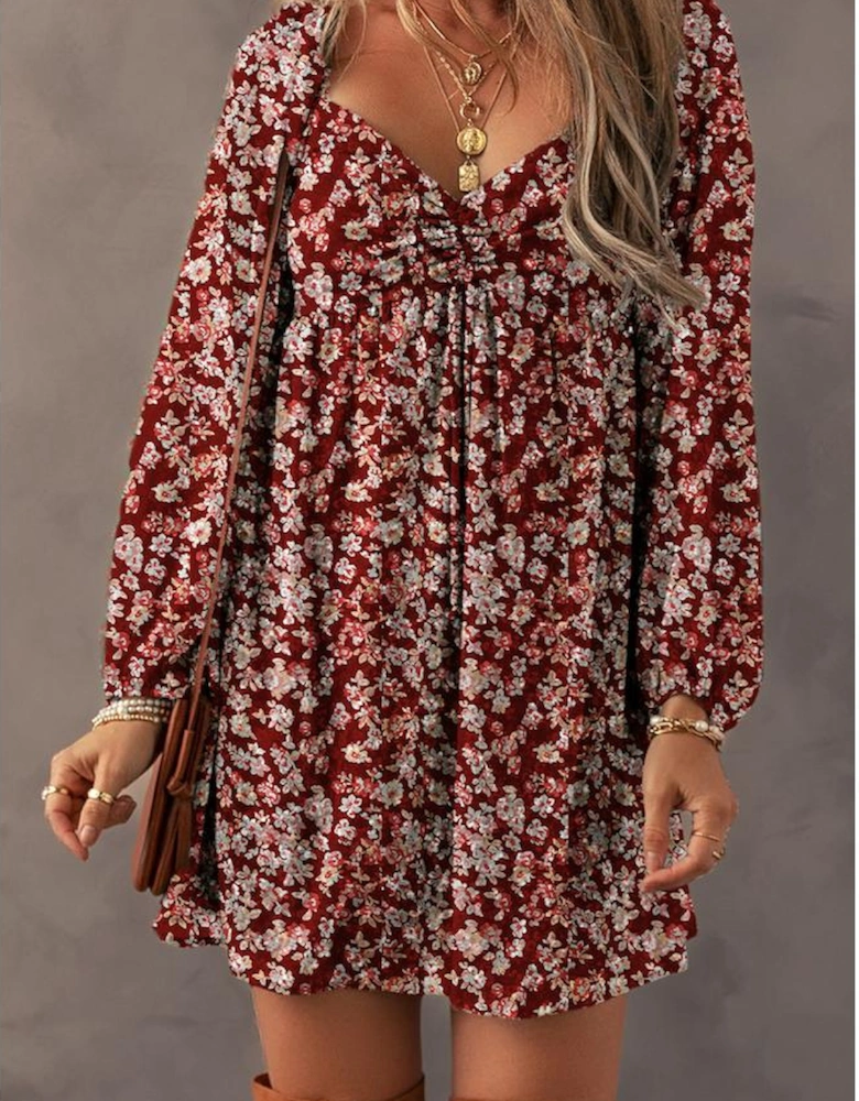Red Floral Print Sweetheart Neck Shirred Back Mini Dress