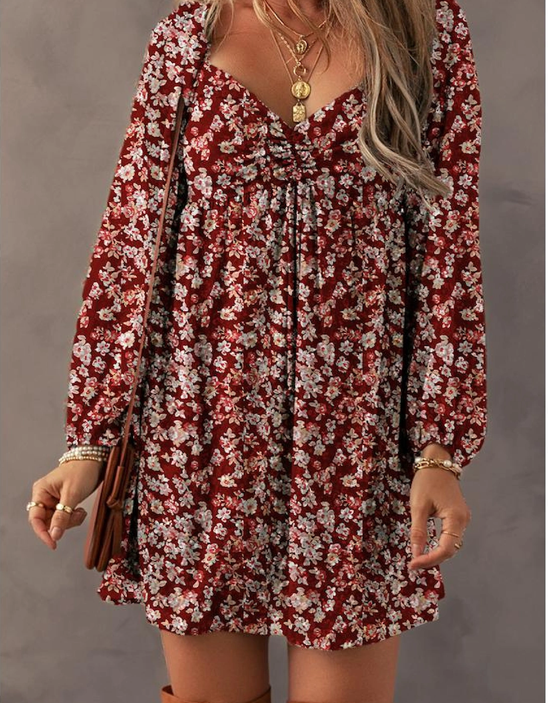 Red Floral Print Sweetheart Neck Shirred Back Mini Dress