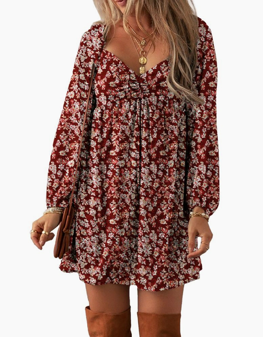 Red Floral Print Sweetheart Neck Shirred Back Mini Dress