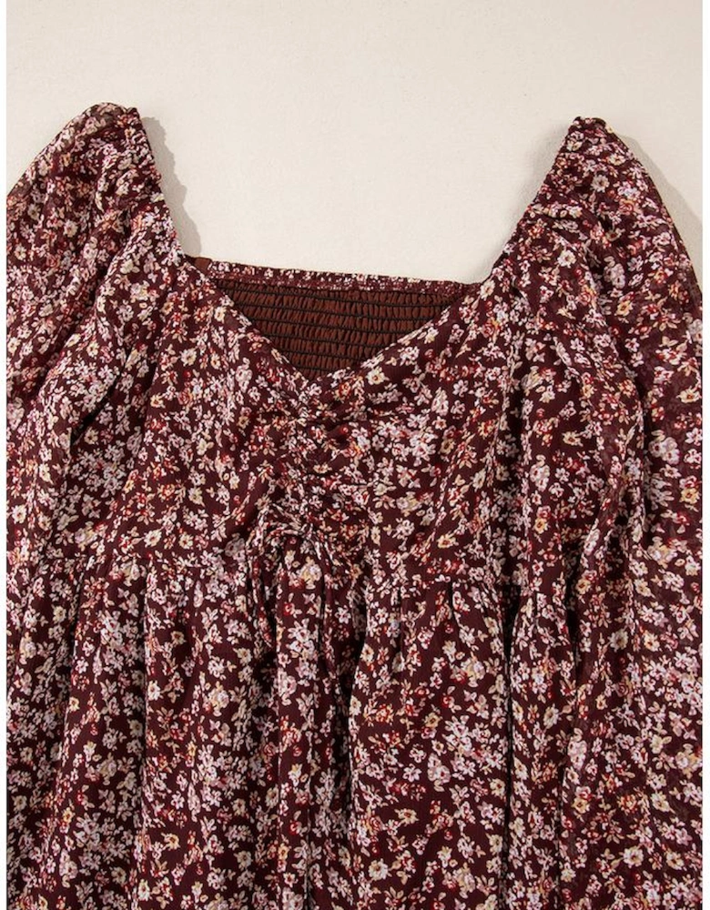 Red Floral Print Sweetheart Neck Shirred Back Mini Dress