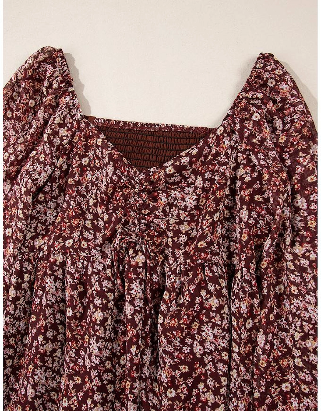 Red Floral Print Sweetheart Neck Shirred Back Mini Dress