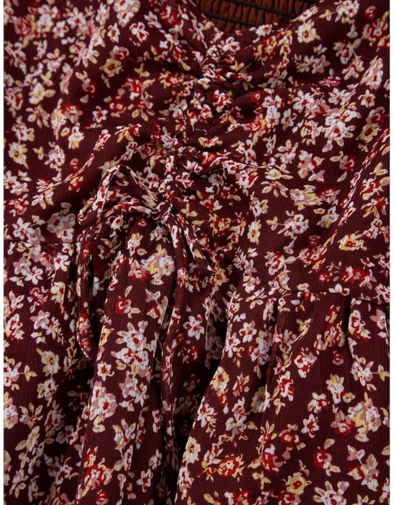 Red Floral Print Sweetheart Neck Shirred Back Mini Dress