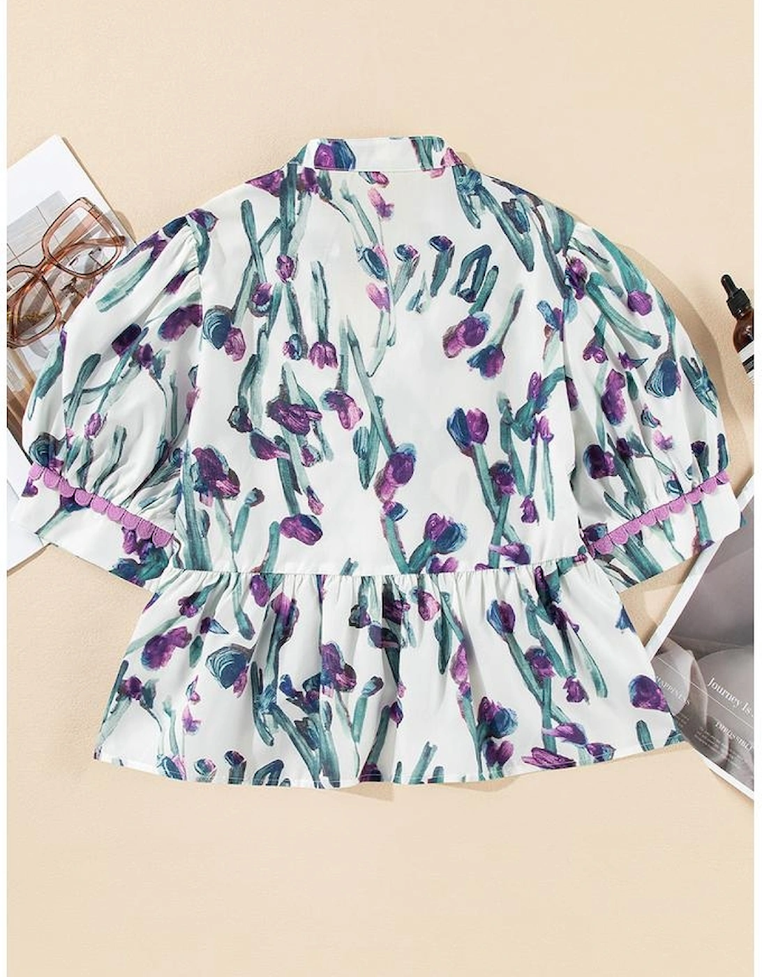 Purple Floral Ricrac Trim Half Sleeve Peplum Top