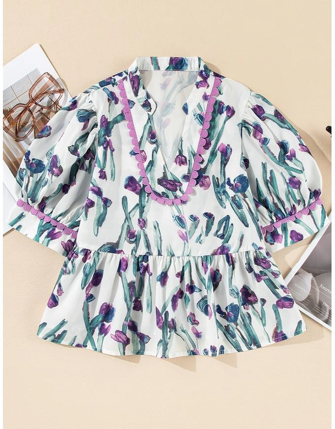 Purple Floral Ricrac Trim Half Sleeve Peplum Top