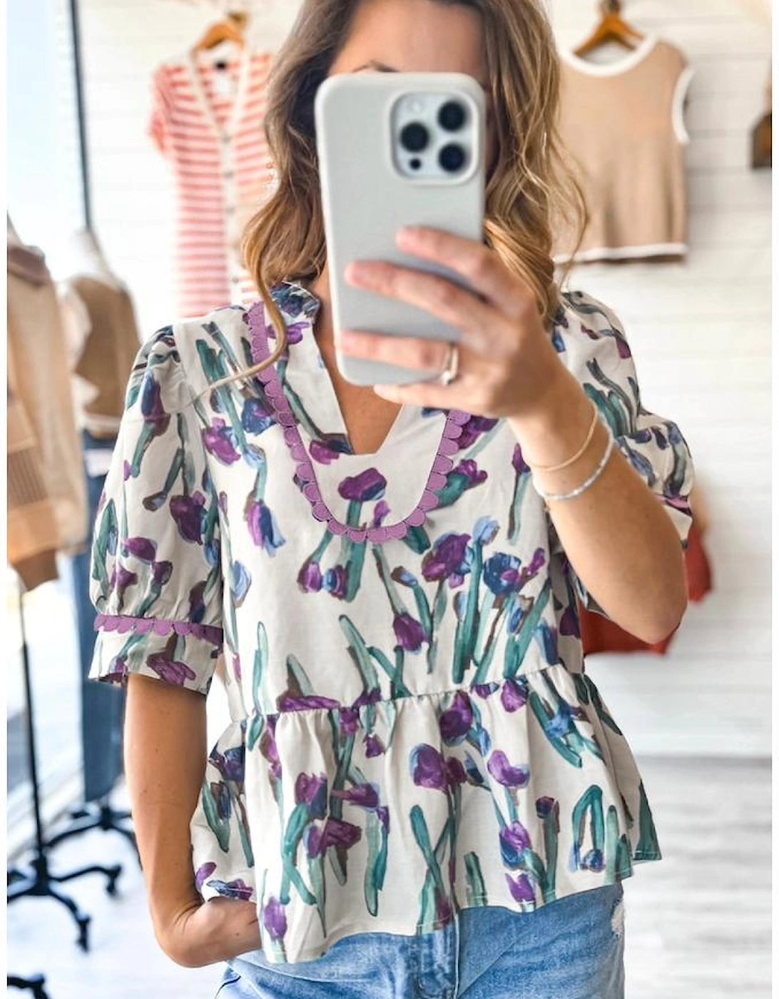 Purple Floral Ricrac Trim Half Sleeve Peplum Top