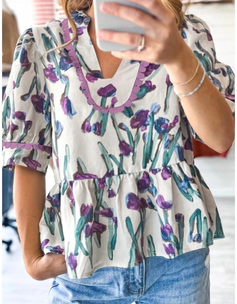 Purple Floral Ricrac Trim Half Sleeve Peplum Top