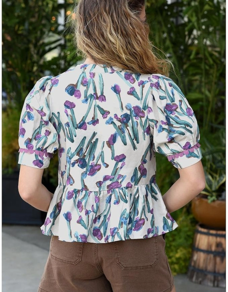 Purple Floral Ricrac Trim Half Sleeve Peplum Top