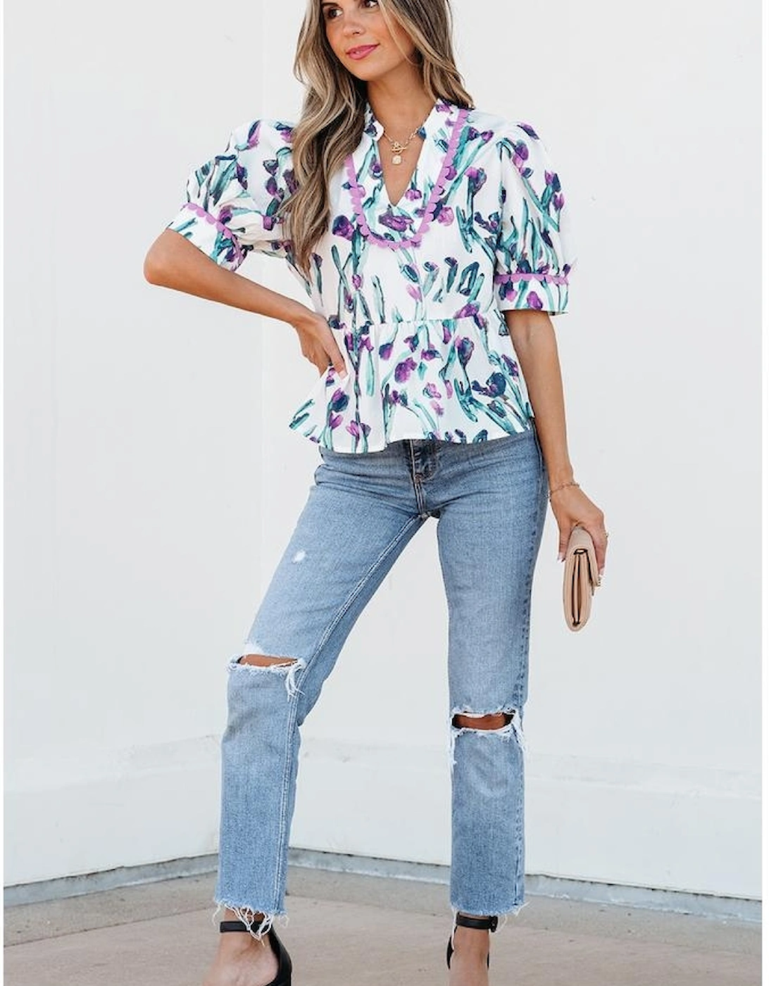 Purple Floral Ricrac Trim Half Sleeve Peplum Top