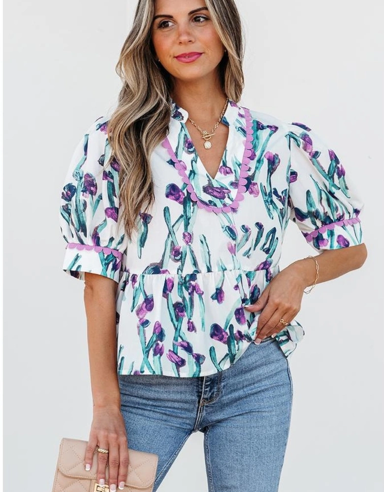 Purple Floral Ricrac Trim Half Sleeve Peplum Top