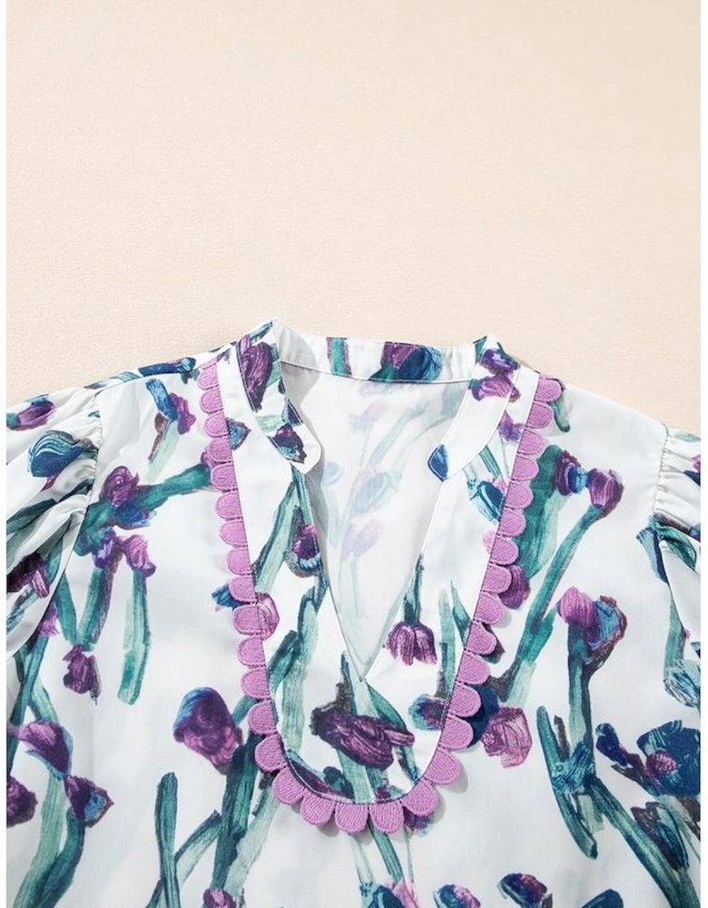 Purple Floral Ricrac Trim Half Sleeve Peplum Top