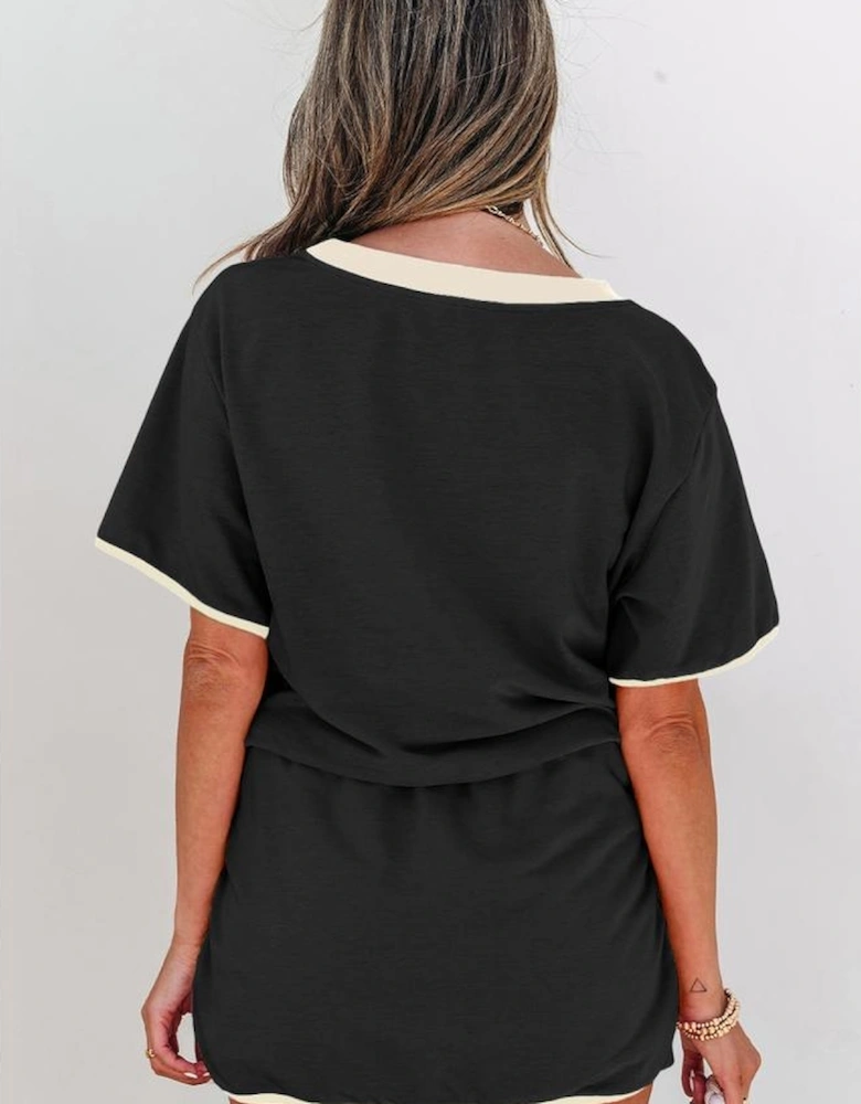 Black Sequin Rugby Football Bow Patched Colorblock Edge Tee and Skort Set