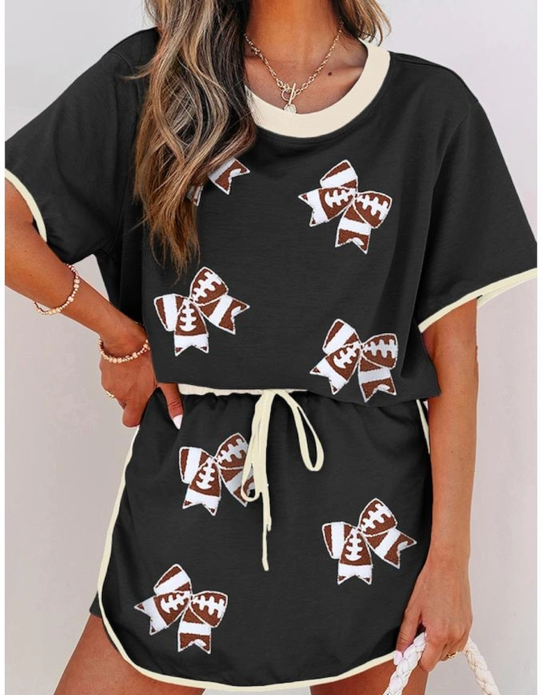 Black Sequin Rugby Football Bow Patched Colorblock Edge Tee and Skort Set