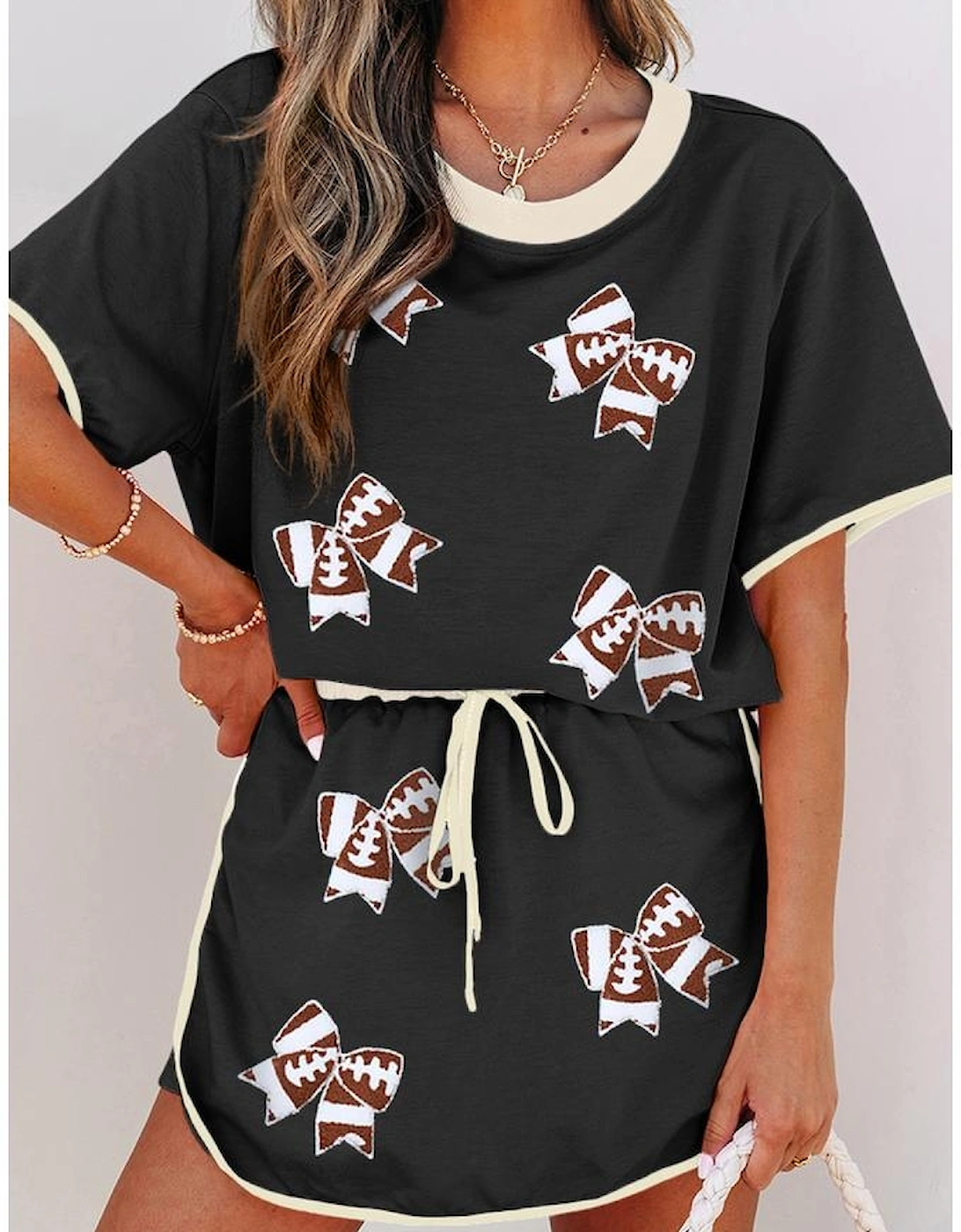 Black Sequin Rugby Football Bow Patched Colorblock Edge Tee and Skort Set