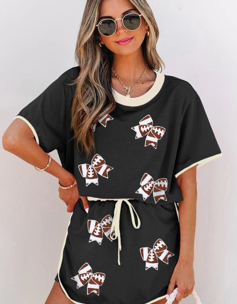 Black Sequin Rugby Football Bow Patched Colorblock Edge Tee and Skort Set