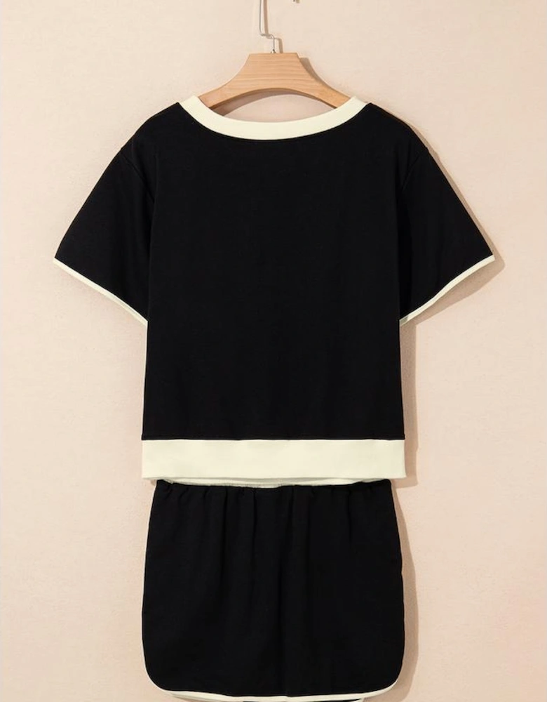 Black Sequin Rugby Football Bow Patched Colorblock Edge Tee and Skort Set
