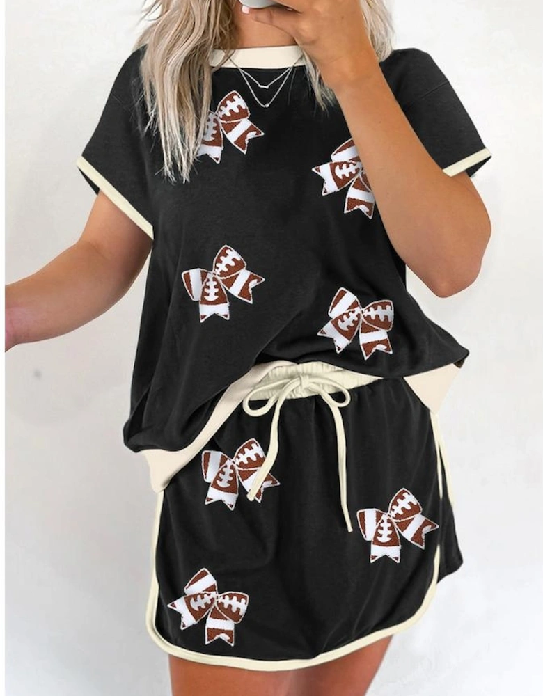 Black Sequin Rugby Football Bow Patched Colorblock Edge Tee and Skort Set