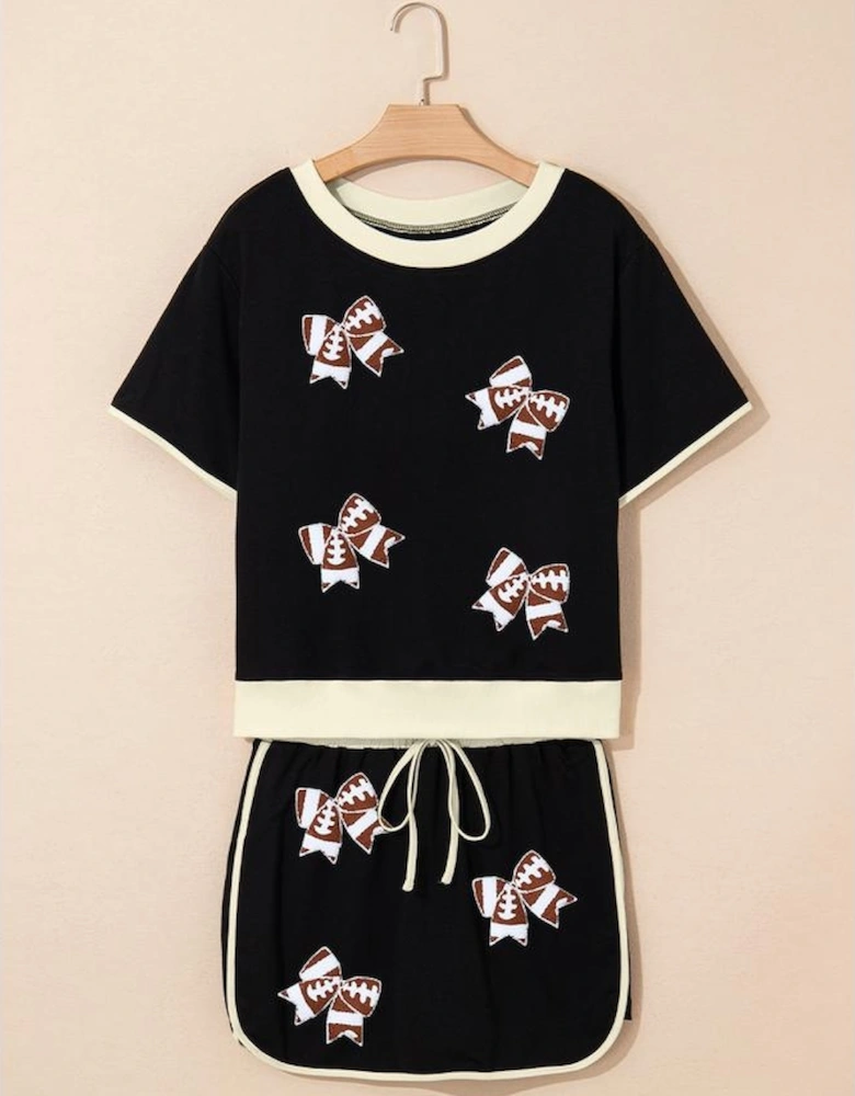 Black Sequin Rugby Football Bow Patched Colorblock Edge Tee and Skort Set