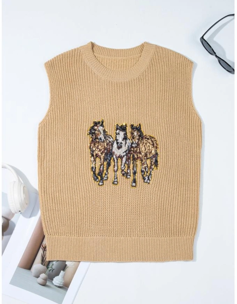 Parchment Sequin Horse Graphic Lightweight Knitted Sweater Vest
