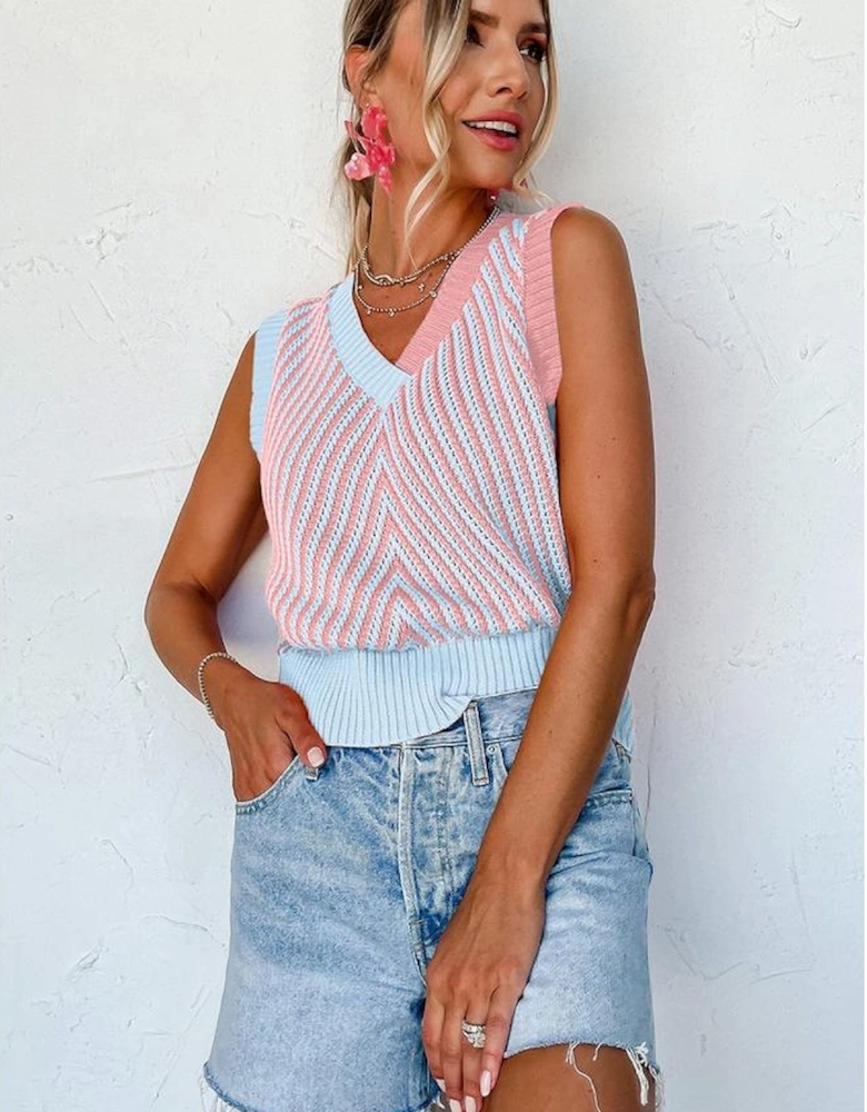 Light Pink Contrast Chevron Knit V Neck Sweater Vest