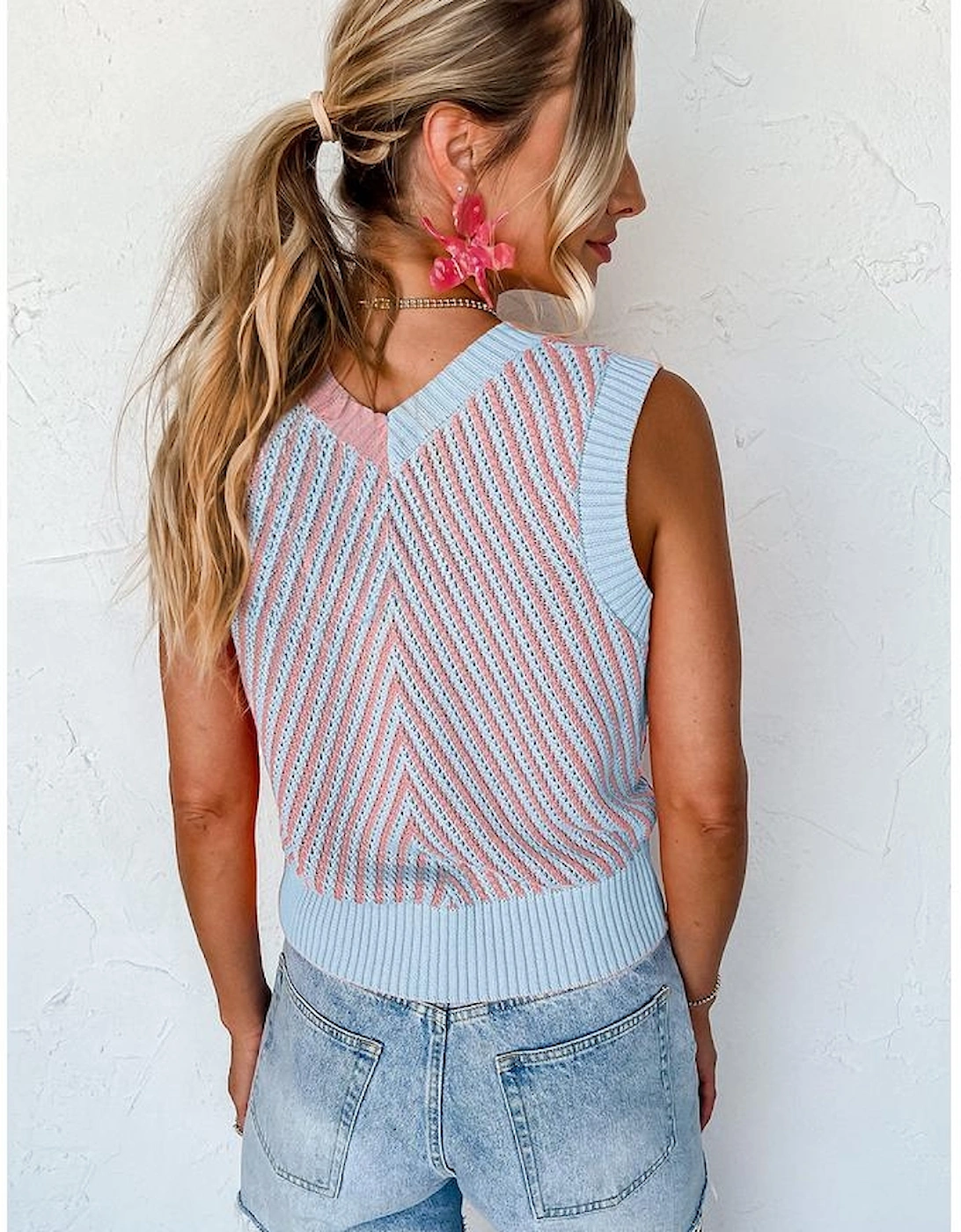 Light Pink Contrast Chevron Knit V Neck Sweater Vest, 7 of 6