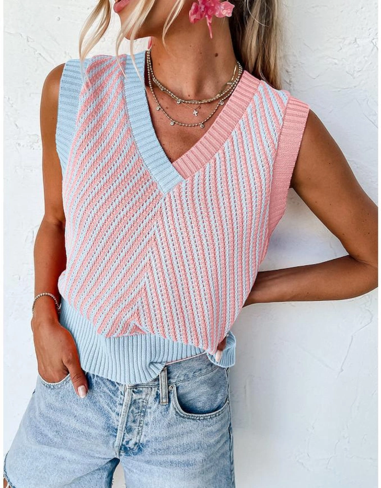 Light Pink Contrast Chevron Knit V Neck Sweater Vest