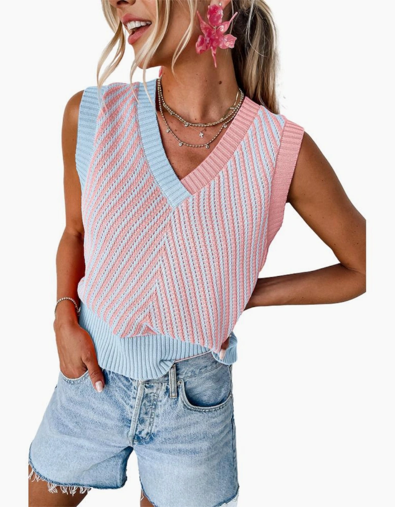 Light Pink Contrast Chevron Knit V Neck Sweater Vest