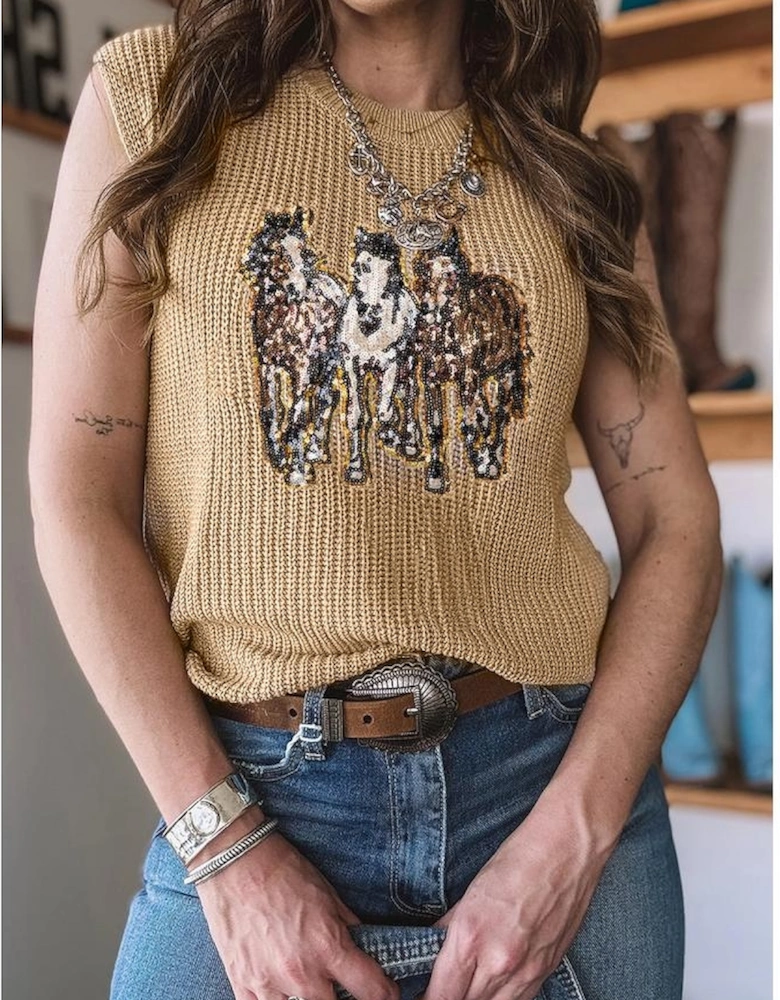 Parchment Sequin Horse Graphic Lightweight Knitted Sweater Vest