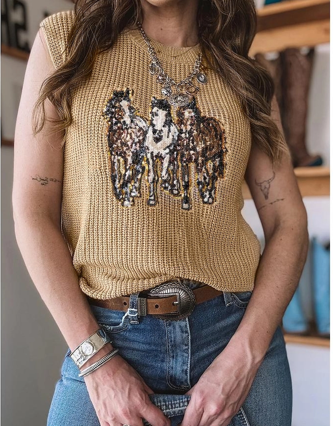Parchment Sequin Horse Graphic Lightweight Knitted Sweater Vest