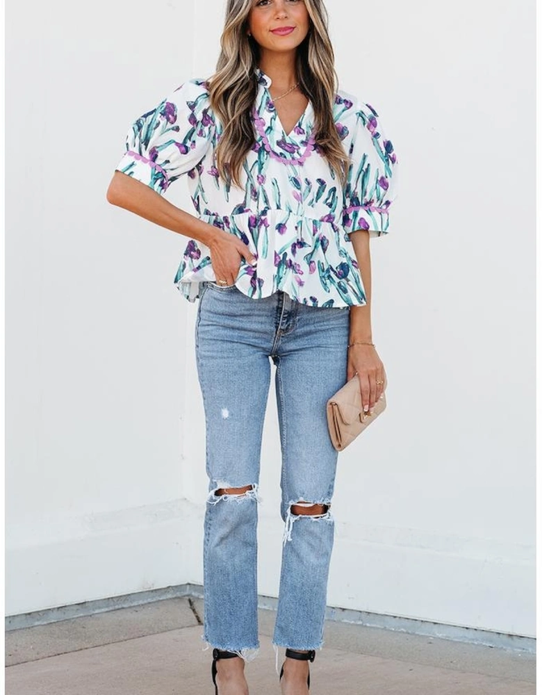 Purple Floral Ricrac Trim Half Sleeve Peplum Top