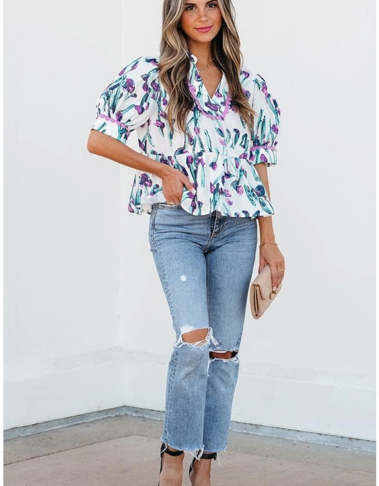 Purple Floral Ricrac Trim Half Sleeve Peplum Top