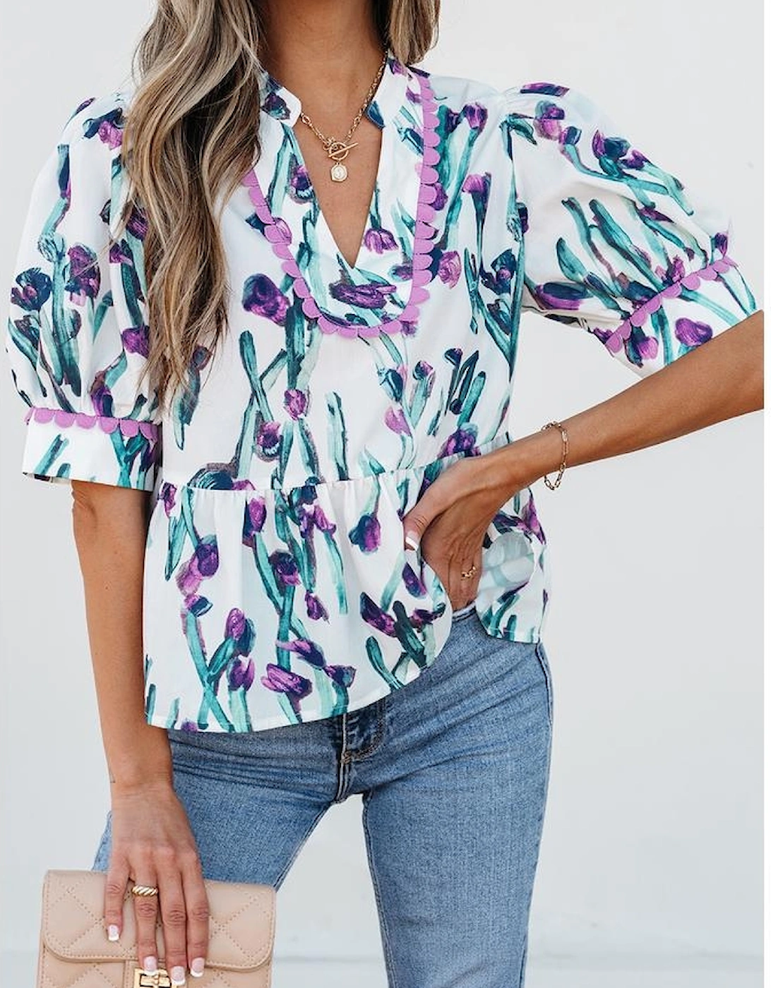 Purple Floral Ricrac Trim Half Sleeve Peplum Top