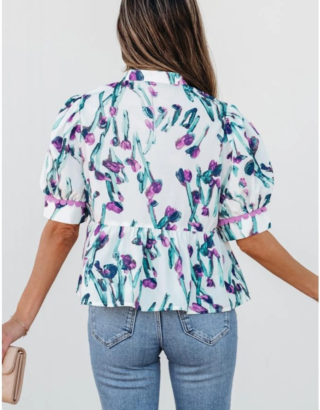 Purple Floral Ricrac Trim Half Sleeve Peplum Top, 16 of 15