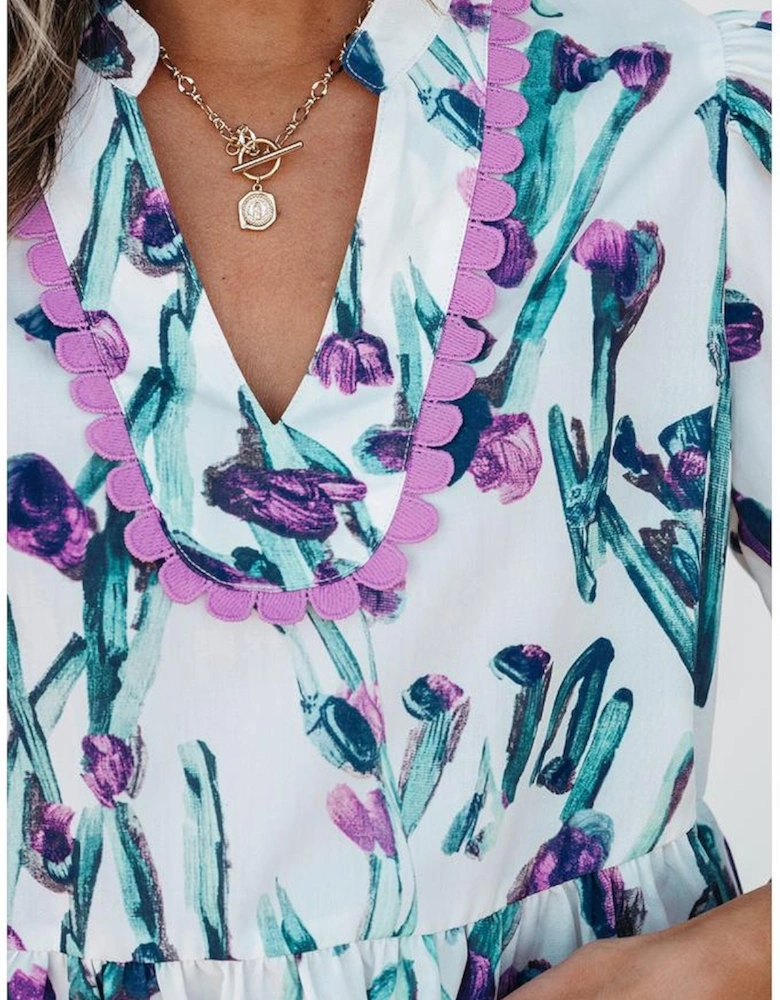 Purple Floral Ricrac Trim Half Sleeve Peplum Top