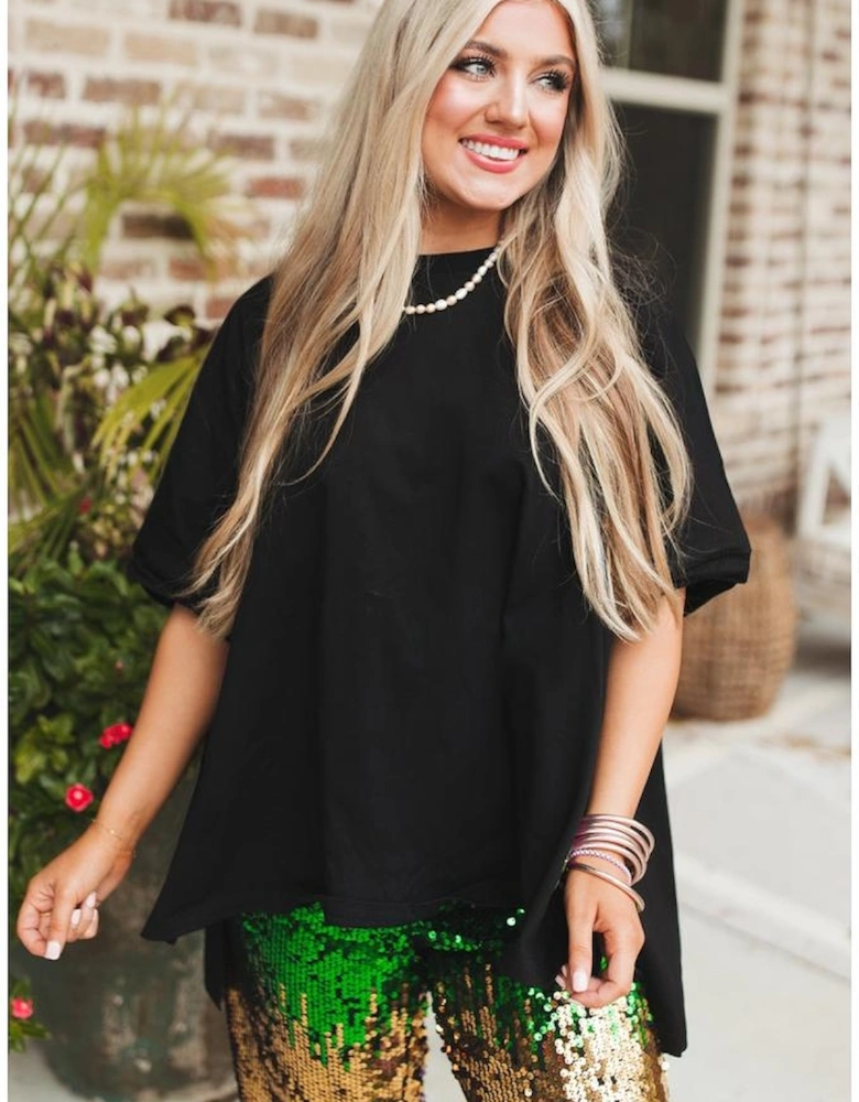 Black Loose Half Sleeve Hi Low Hem T Shirt