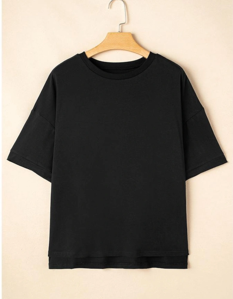 Black Loose Half Sleeve Hi Low Hem T Shirt