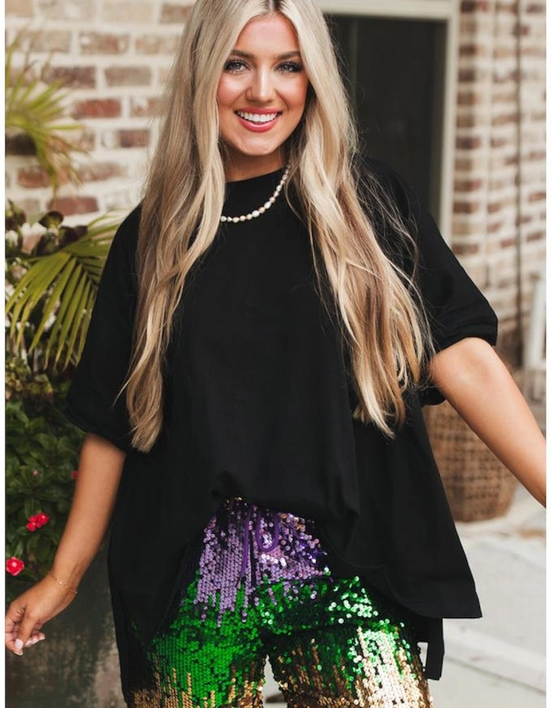 Black Loose Half Sleeve Hi Low Hem T Shirt