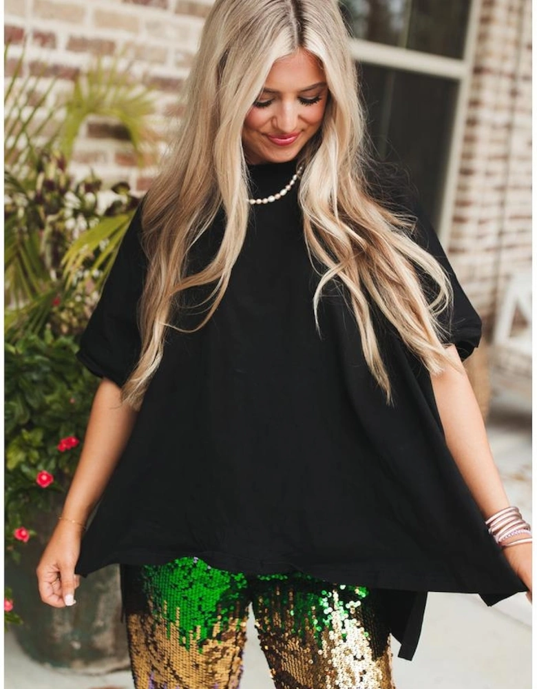 Black Loose Half Sleeve Hi Low Hem T Shirt