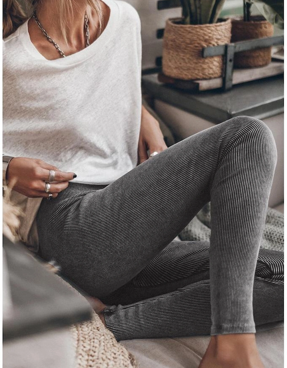 Dark Grey Vintage Wash Ribbed Leggings