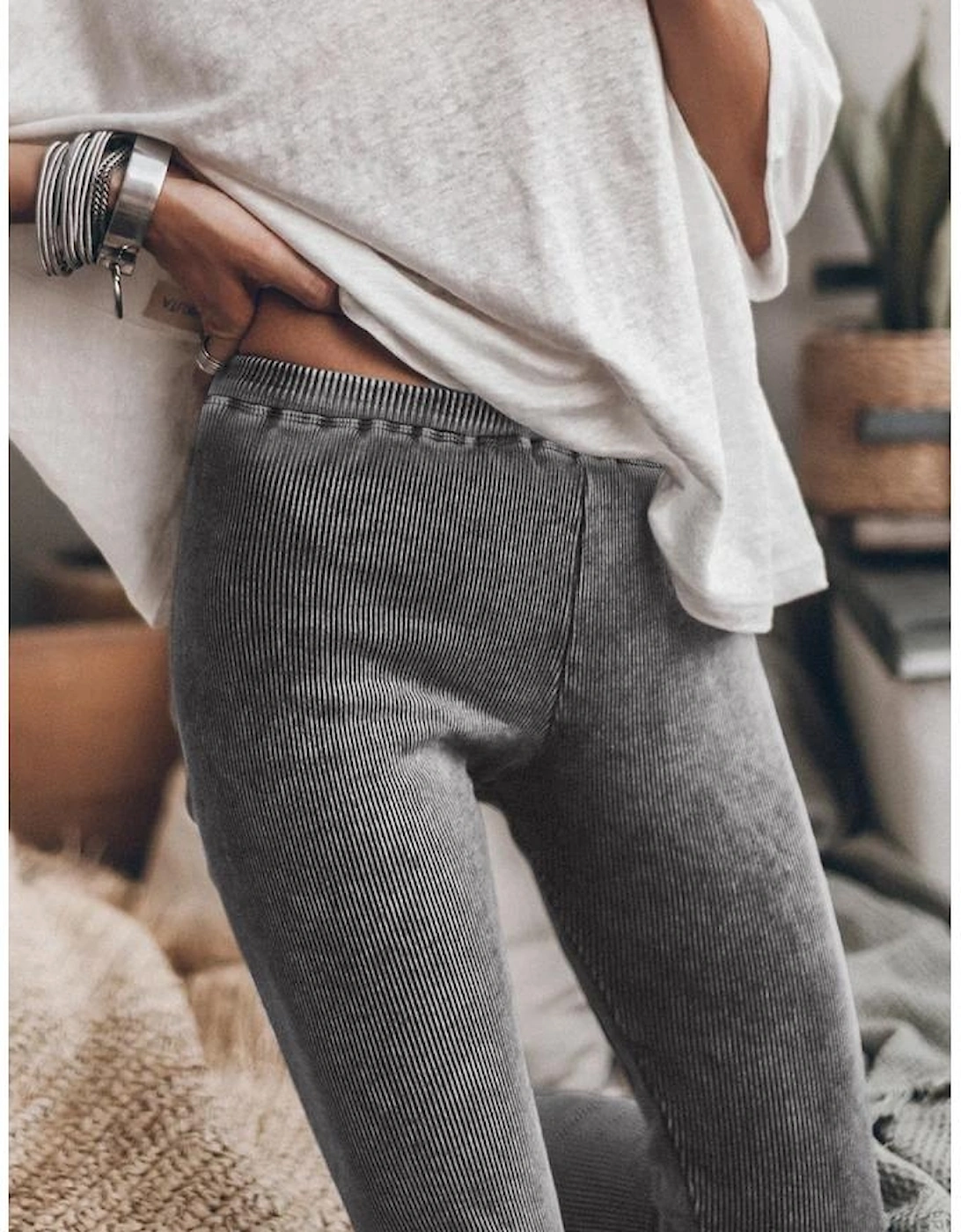 Dark Grey Vintage Wash Ribbed Leggings, 8 of 7