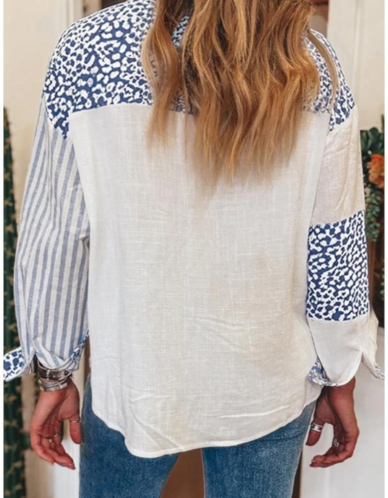 Sky Blue Leopard Striped Western Casual Shirt