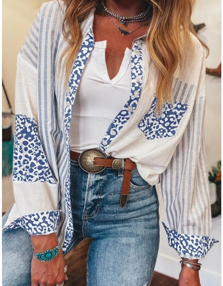 Sky Blue Leopard Striped Western Casual Shirt