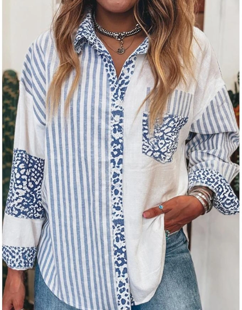 Sky Blue Leopard Striped Western Casual Shirt